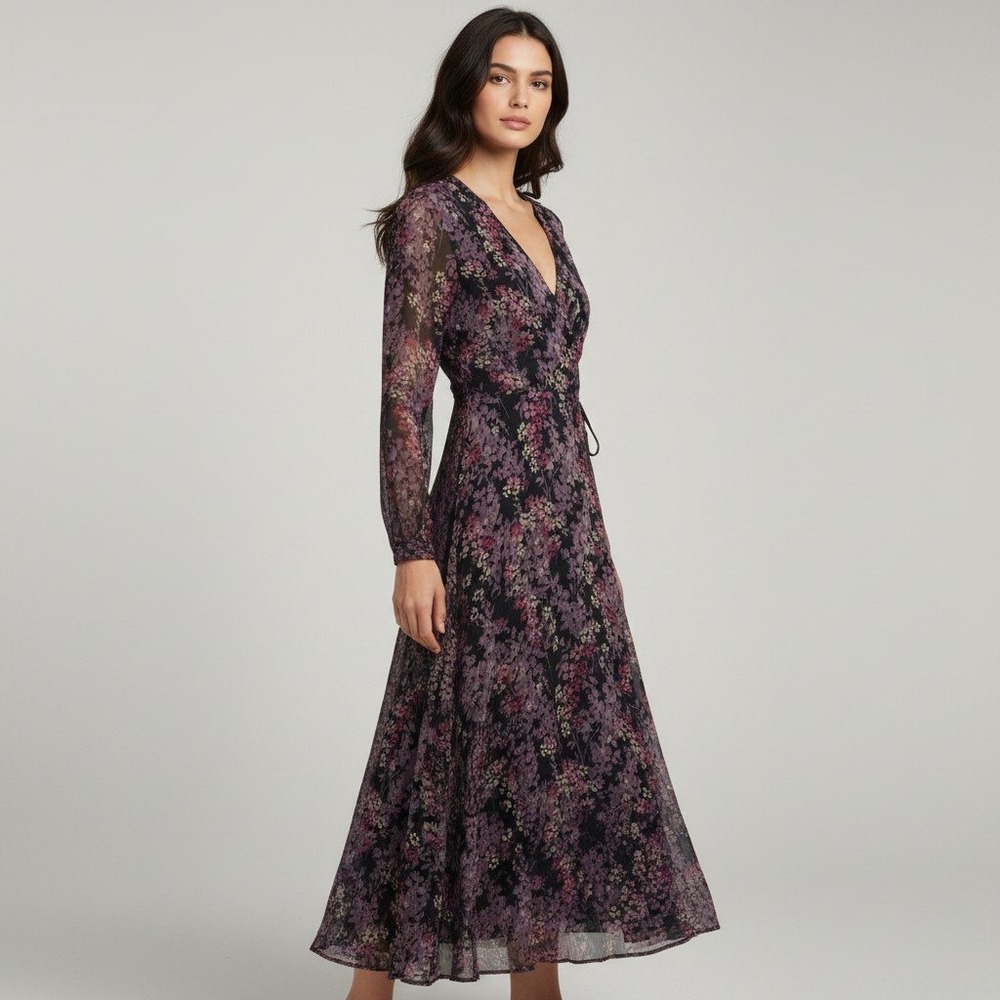 Polo Ralph Lauren Purple Floral Viscose Wrap Midi Dress Long Sleeve Size 12